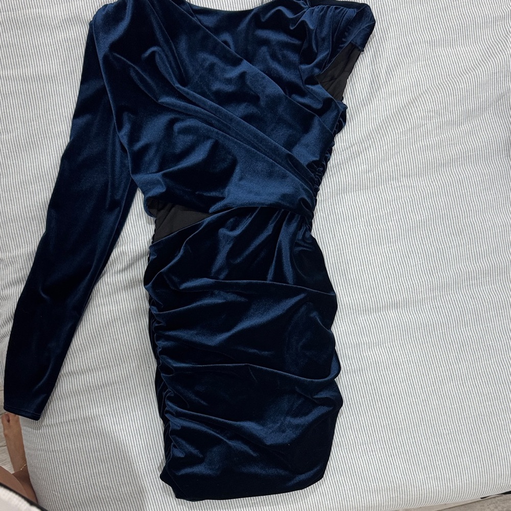 Zara One Shoulder Navy Blue Velvet Dress